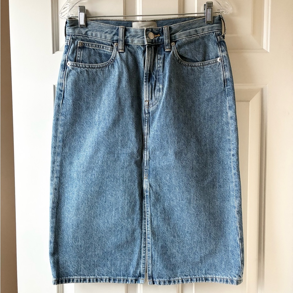 Everlane Denim Pencil Skirt Front Center Vent Blue Medium Wash Size 26